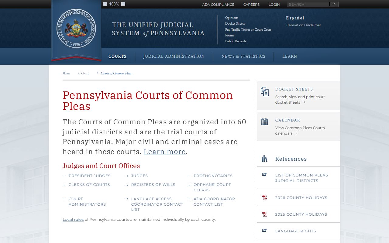 Allegheny County court dockets Courts of Common Pleas overview