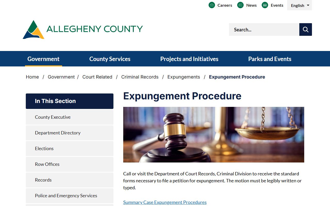 Allegheny County criminal court records expungement procedure