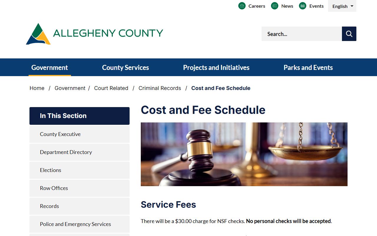 Allegheny County criminal court records Criminal Division cost and fee schedule