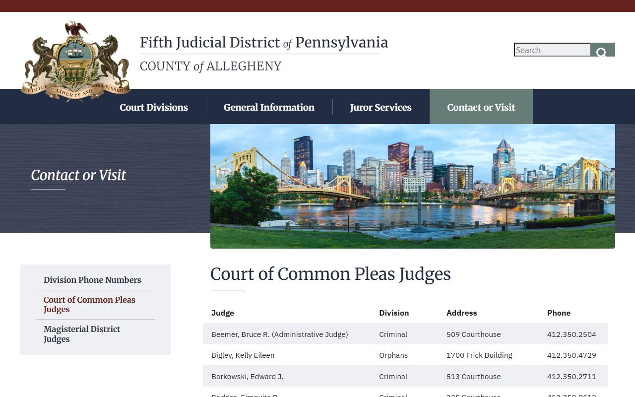 Allegheny County Court of Common Pleas judge directory for court records