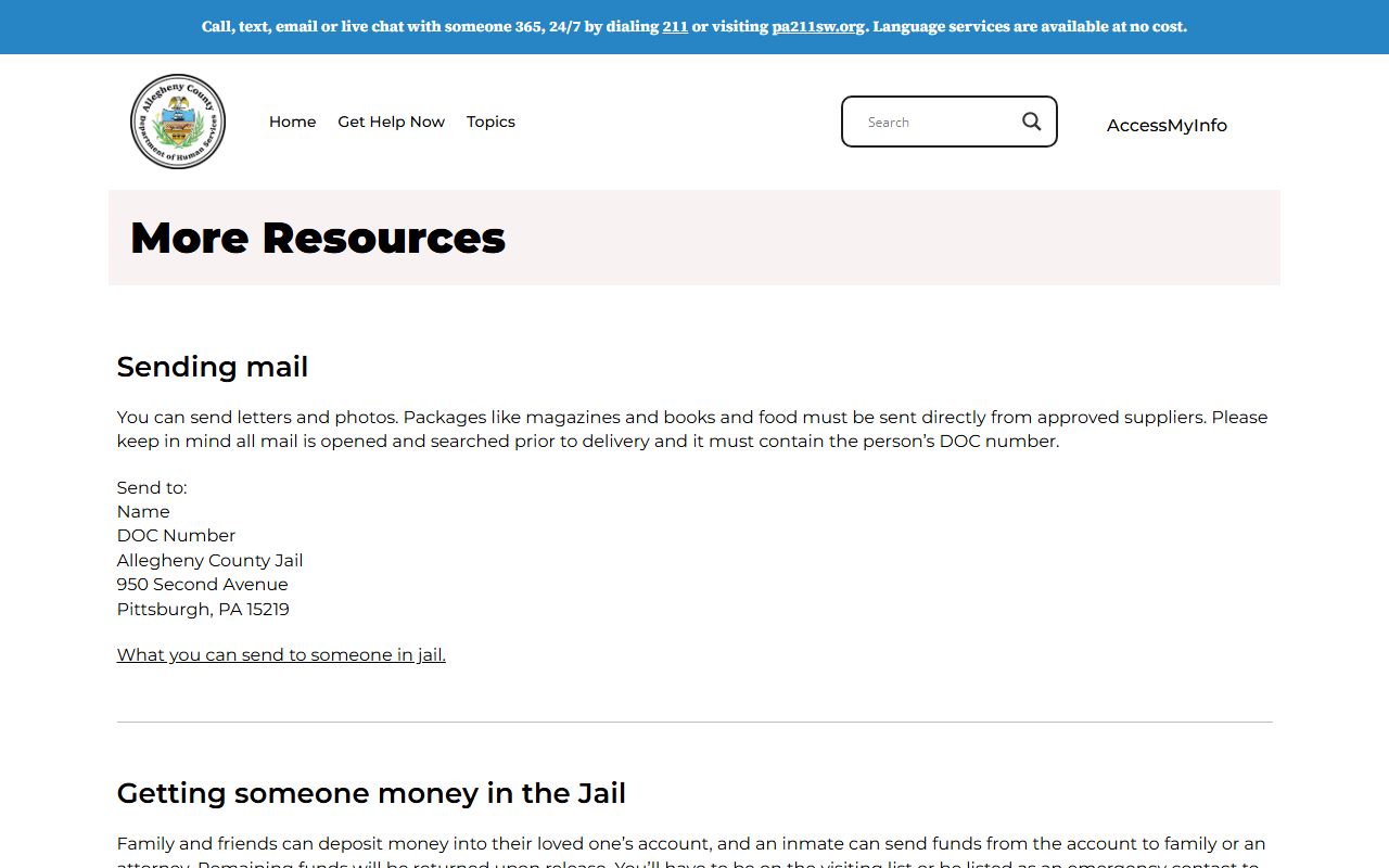 Allegheny County inmate records Allegheny Connect visitation resources