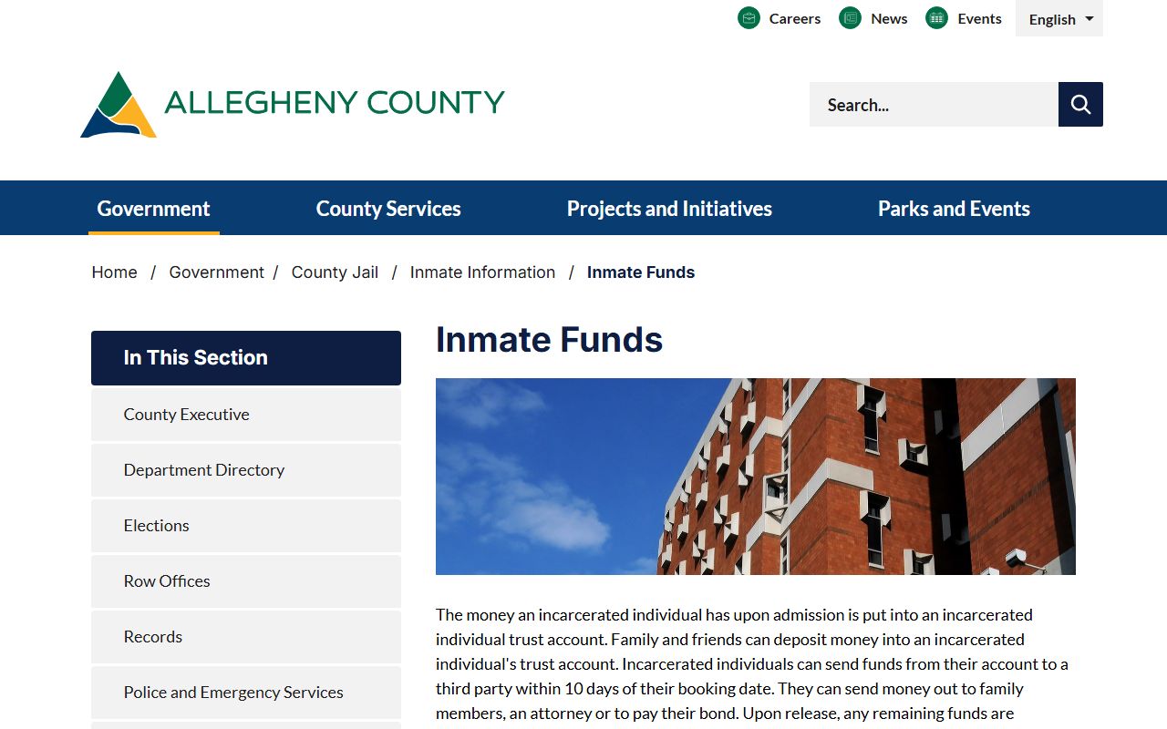 Allegheny County inmate records jail funds deposit options