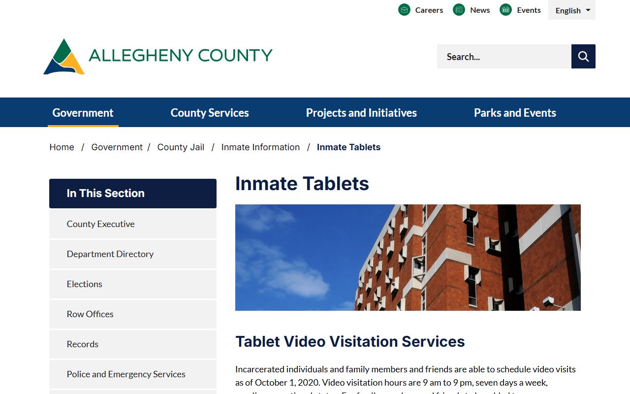 Allegheny County inmate records jail tablets and video visitation