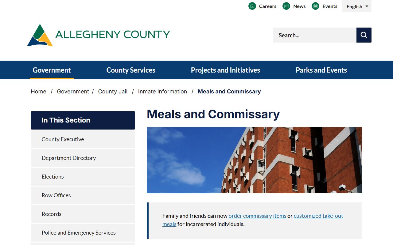 Allegheny County inmate records meals and commissary information