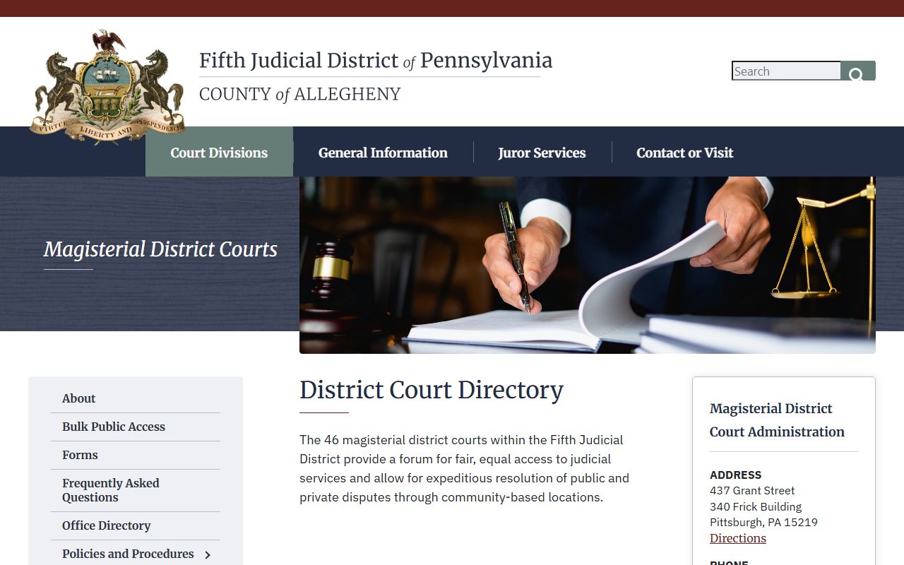 Allegheny County traffic court records Magisterial District Court directory
